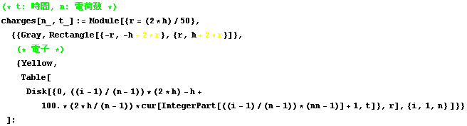 (* t : , n : dא *)
charges[n_, t_] := Module[{r = (2 * h)/50}, 
 {{Gray, Rectangle[{-r, - ... (2 * h/(n - 1)) * cur[IntegerPart[((i - 1)/(n - 1)) * (nn - 1)] + 1, t]}, r], {i, 1, n} ]}} 
] ;