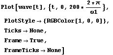 Plot[wave[t], {t, 0, 200 * (2 * π)/ω1},  PlotStyle -> {RGBColor[1, 0, 0]},  Ticks -> None,  Frame -> True,  FrameTicks -> None]
